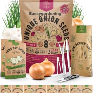 8 Onion Seeds Variety Pack Heirloom, Non-GMO, Sets for Indoors, Outdoors Gardening. 2200+ Seeds: Walla Walla, Green Onion, Red Burgundy, White & Yellow Sweet Spanish Onions